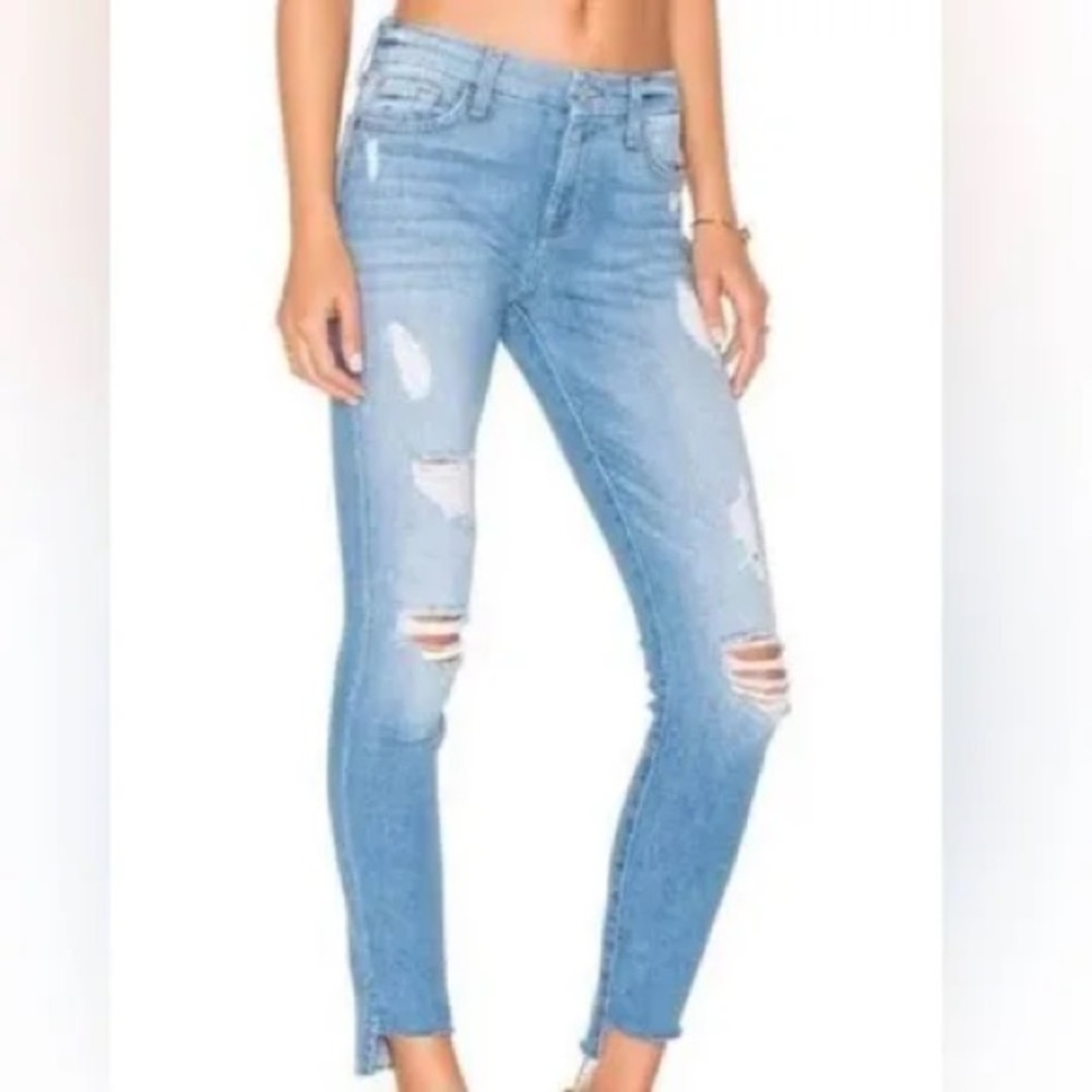 7 For All Mankind Ankle Straight Leg Jeans Mid Rise Raw Hem Destructed 30